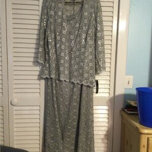 2 piece glitter lace jacket dress w/ scallop trim & rhinestone closure.